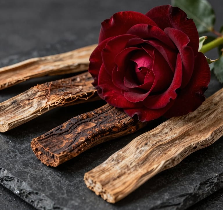 Artistic photography of rare botanical ingredients, including a deep red rose and sandalwood bark, arranged on a dark reflective stone surface. European mood, soft professional lighting highlighting textures, rich burgundy and deep red color palette.