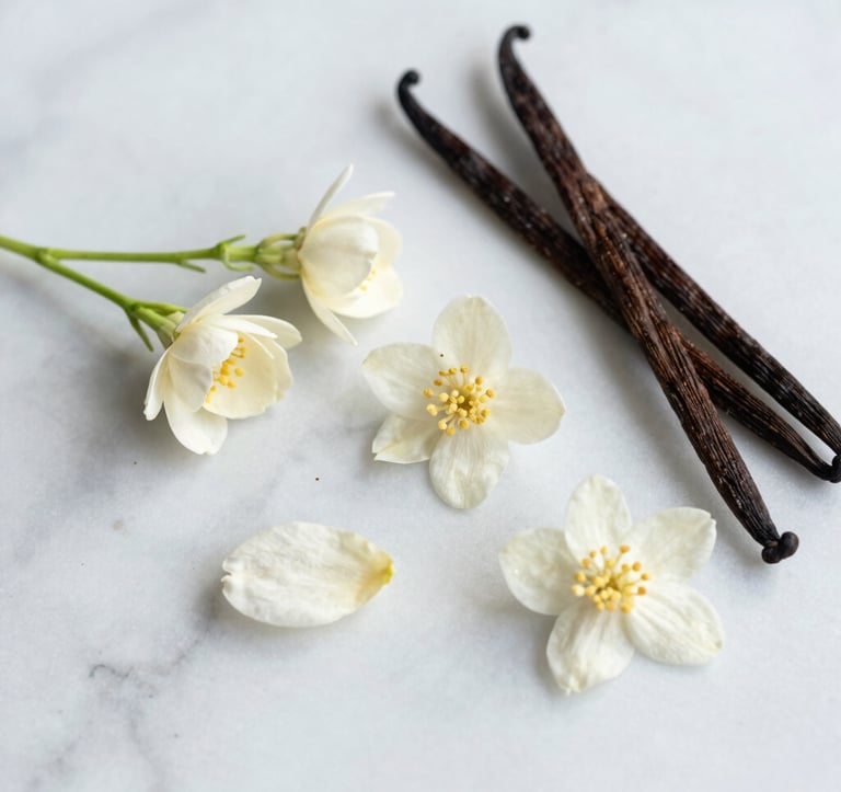 A collection of rare botanical ingredients, including fresh jasmine petals and vanilla pods, arranged elegantly on a white marble surface. Soft, natural lighting, European aesthetic.