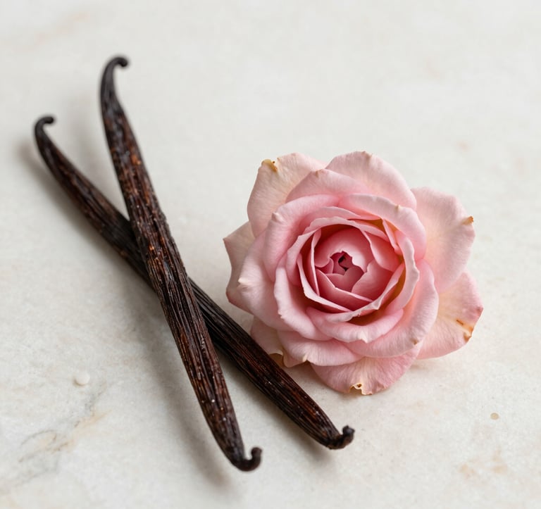 Macro photography of raw perfume ingredients like damask roses and vanilla pods on a creamy off-white marble surface, soft natural lighting, elegant composition, European / French aesthetics.
