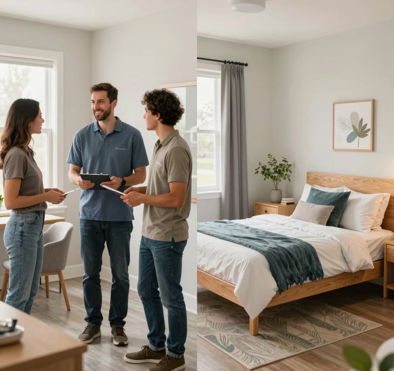 A professional split-screen photograph. The left side shows a friendly, welcoming local host family in a clean, modern home. The right side features a bright, secure, and modern student residence room. Both images reflect North American / US professional aesthetics of safety and comfort.