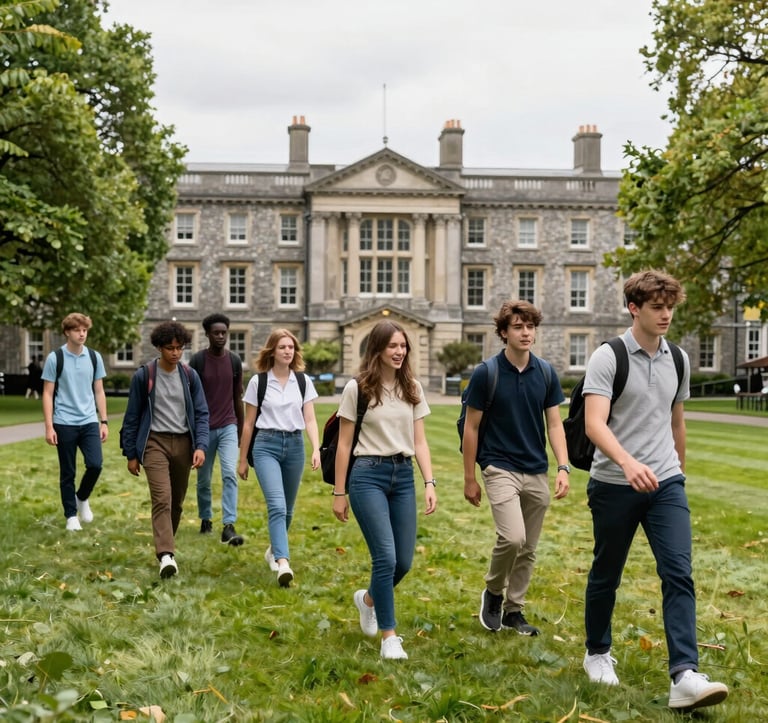 A crisp, high-quality photograph of a group of international students during an organized excursion on a vibrant green university campus in Dublin. The composition is clean and professional, using natural daylight to highlight the prestigious and safe atmosphere of the destination.