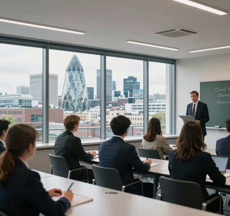 A photography shot of a modern, clean classroom with a view of a British city skyline through large windows. The interior is bright and professional, representing high-end academic excellence for group travel. North American / US corporate efficiency.