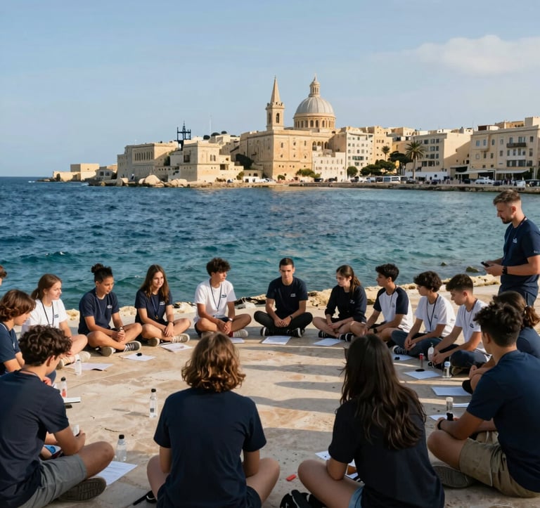 A professional wide-angle photograph of students participating in a supervised coastal activity in St Paul's Bay, Malta. The blue Mediterranean sea and historic architecture in the background are captured in a bright, modern, and high-end style that feels reliable and safe for groups.