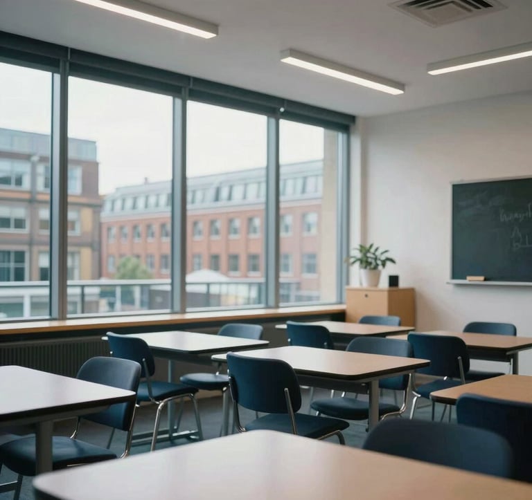 A photography shot of the interior of a modern, bright classroom in a British city. A large glass window provides a view of urban architecture. The setting is clean, professional, and efficient, perfectly suited for a North American / US corporate brochure.