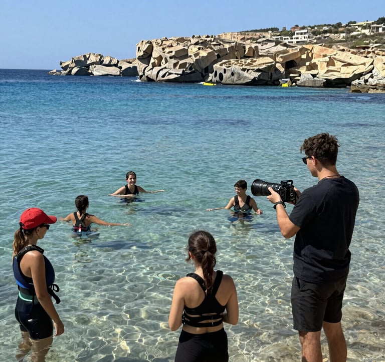Photography of students enjoying a coastal activity in St Paul's Bay, Malta. Clear blue water, a bright sunny day, and professional safety equipment are visible. The scene is energetic yet safe and supervised. North American / US photography style.