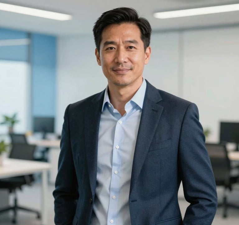 A professional portrait of a male executive in business casual attire standing in a bright, modern office space in North America, with a blurred background showing a clean corporate environment with sky blue accents.