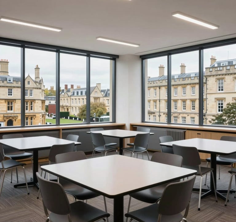 A bright and clean professional photograph of a modern classroom with large windows overlooking a historic British city like Oxford. The interior is professional and well-equipped with contemporary furniture, embodying North American / US standards of academic excellence and corporate efficiency.