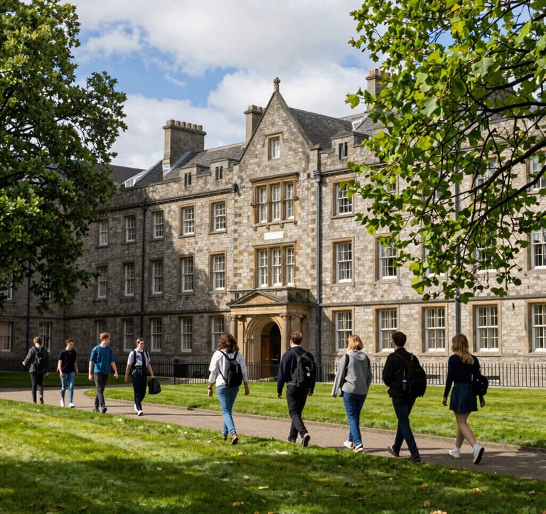 A photography prompt showing a lush green university campus in Dublin, Ireland. A group of students is seen walking near a historic stone building during a sunny afternoon excursion. The mood is safe, welcoming, and academic. North American / US style photography.