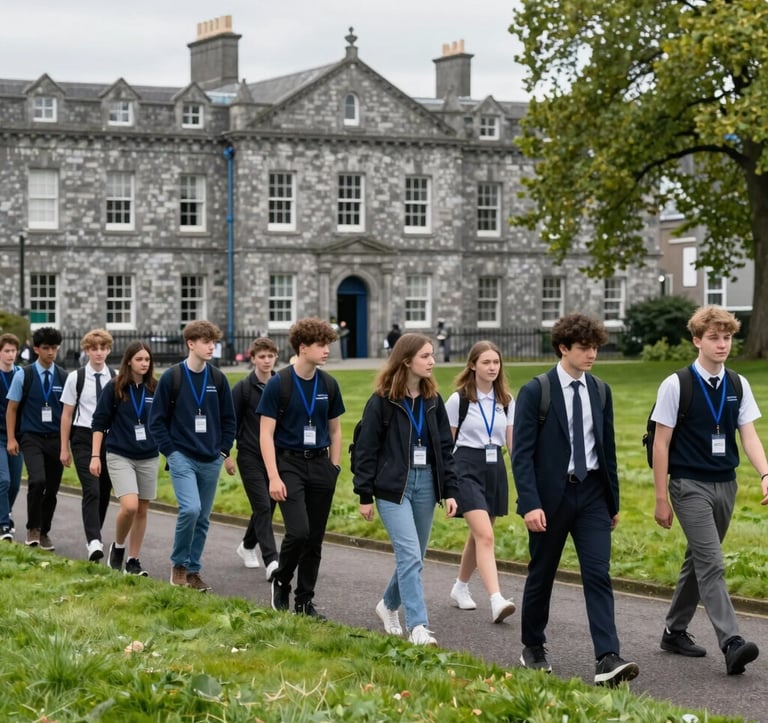 A professional photography shot of students participating in an organized group excursion at a historic landmark in Dublin, Ireland. The background features lush green grass and traditional Irish stone architecture. The atmosphere is reliable and educational, reflecting North American / US corporate efficiency.