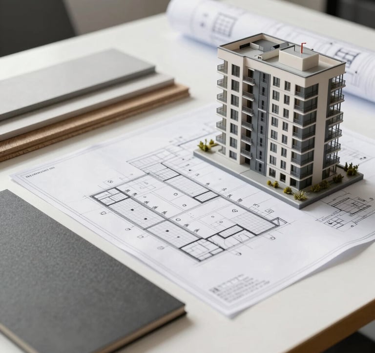 A close-up of high-quality construction materials and architectural blueprints on a clean white desk. Beside them, a small model of a modern apartment building. Bright, natural Northern European light fills the scene.