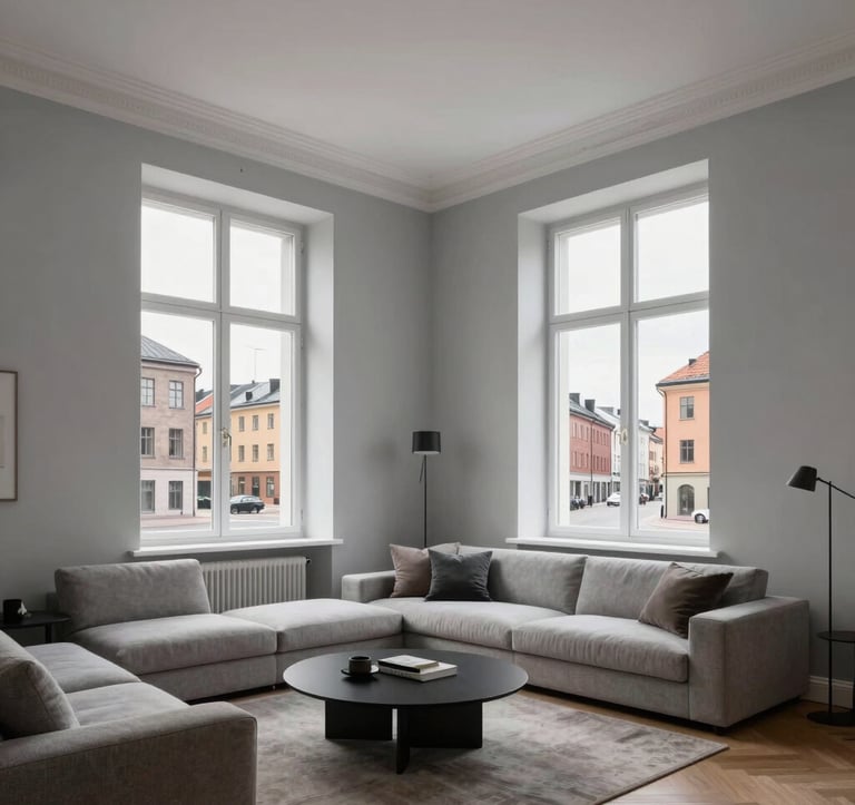 A high-end interior of a transformed apartment in a historic building. High ceilings, minimalist light gray walls, and large windows overlooking a Baltic city street. The furniture is modern and functional, showcasing the result of a premium renovation.