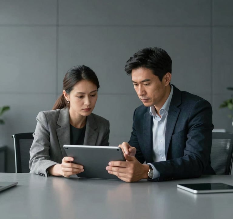 A professional setting in a modern office with graphite gray walls. Two experts in smart-casual attire are discussing a project over a large tablet. The style is minimalist, clean, and trustworthy, reflecting a premium Baltic business aesthetic.