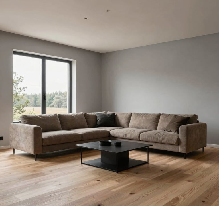 An interior shot of a minimalist, premium living room in a renovated Northern European house. High ceilings, light grey walls, large windows. Furniture in earth tones, black metal accents, and natural oak flooring.