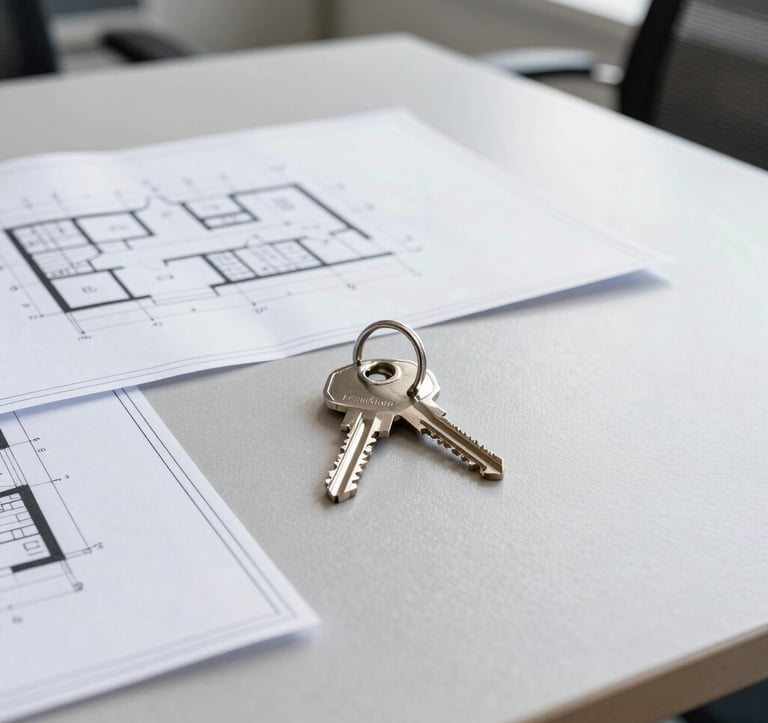 A flat lay photography of architectural blueprints and a modern metal house key on a light grey textured table. Professional and clean office environment in a Baltic region office.