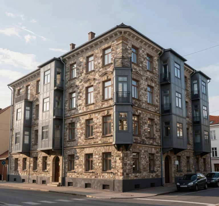 A wide shot of a beautifully restored residential apartment building in a Baltic urban setting. The architecture is a mix of classic masonry and modern graphite grey metal accents. Clean streets, soft daylight, premium residential feel.