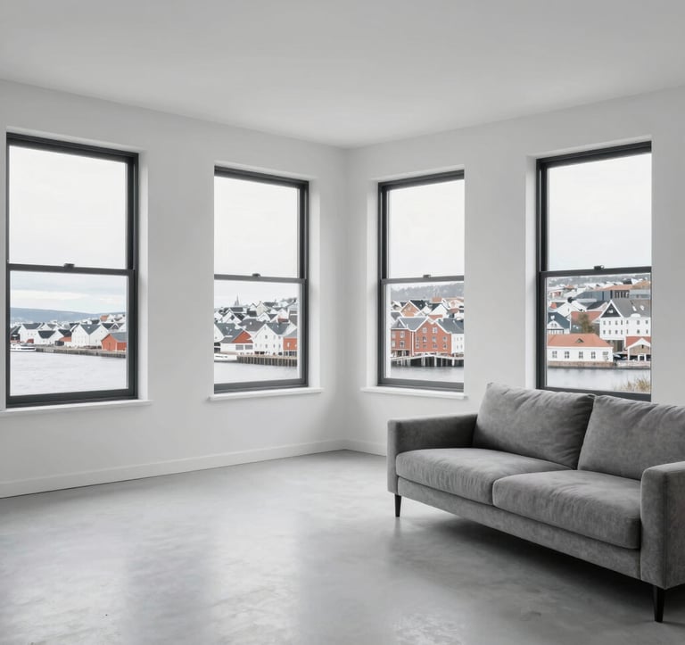 A spacious, minimalist living room with white walls and large black-framed windows showing a Northern European city view. The interior features a grey sofa and professional, clean lighting.