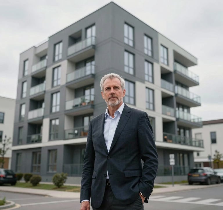 A professional architect in Northern European attire standing in front of a recently renovated multi-apartment building with a minimalist graphite and glass design, soft overcast daylight.