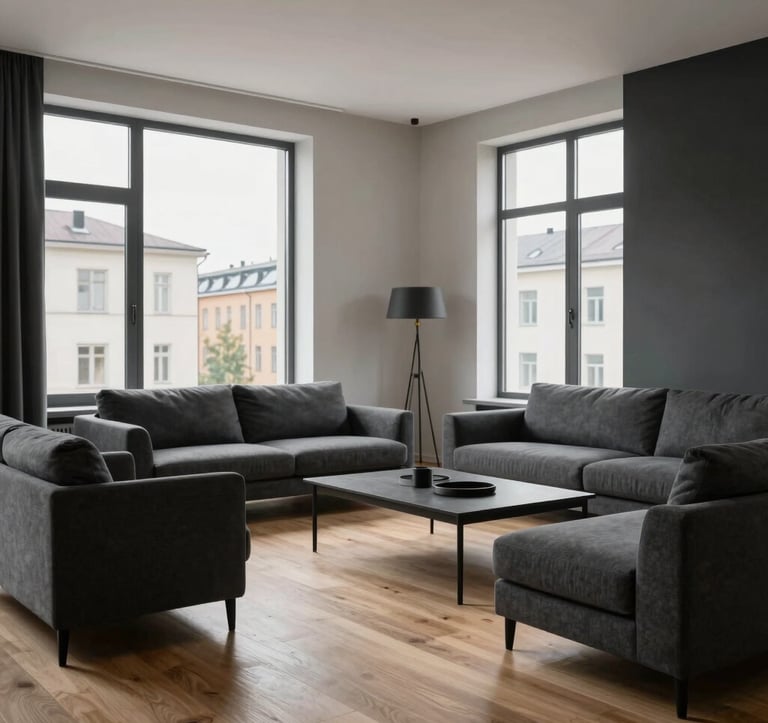 A high-end minimalist living room in a Baltic apartment with light oak flooring and charcoal gray furniture, large windows showing a clean urban background.