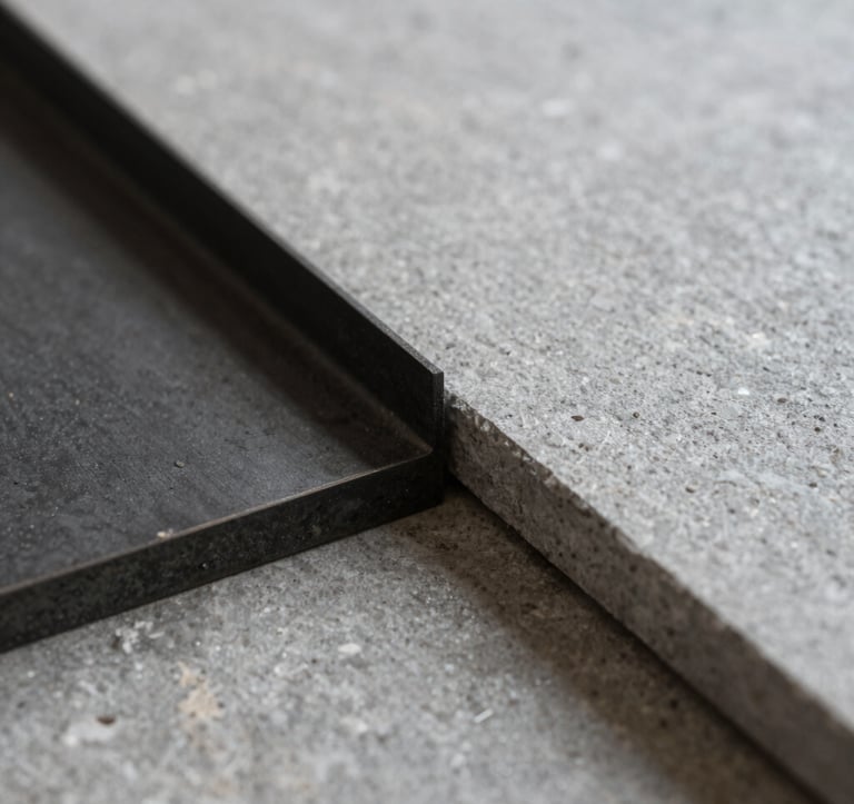 A detailed close-up of high-quality construction materials on a Northern European renovation site. A smooth grey stone surface next to dark charcoal metal accents. Minimalist aesthetic, soft natural lighting, focus on texture and quality.