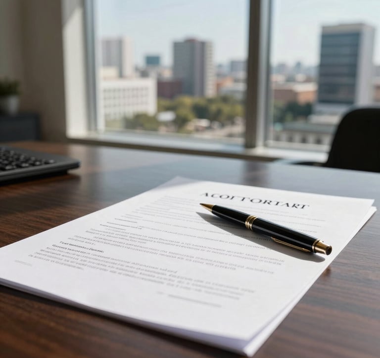 Close-up of a high-quality legal contract on a dark wood desk with a high-end pen. In the background, a large window reveals a sunny, modern urban landscape of North American / Mexican (Yucatán). The lighting is professional and sharp.