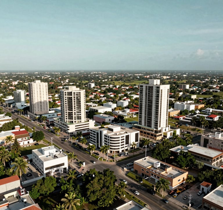 A drone photograph of the Temozón region in North Mérida, Yucatán, showing upscale developments and modern infrastructure under a clear sky. Palette includes soft sage and pine green.