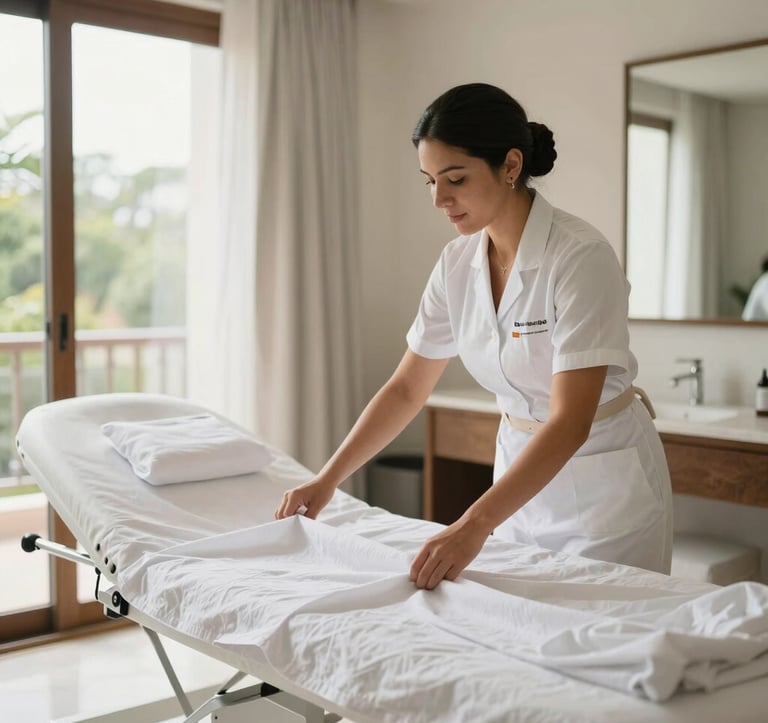 A high-end, bright, and airy interior of a luxury medical suite or hotel room in Mérida, Yucatán. A professional housekeeper in North American / Mexican (Yucatán) attire is seen finishing the arrangement of a mist white linen set. The lighting is natural and bright, conveying a sense of hassle-free management.