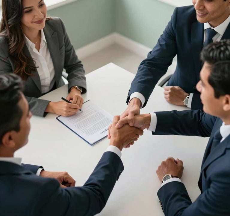 A top-down view of a professional desk where North American / Mexican (Yucatán) business partners are shaking hands over a real estate contract. The office is bright with soft sage walls and minimalist decor.