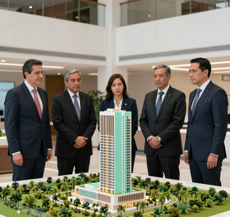 A sophisticated group of investors in business attire standing in a modern lobby in a North American / Mexican (Yucatán) commercial building. They are looking at a architectural model of a medical tower. Deep jungle green and Caribbean mint color accents.
