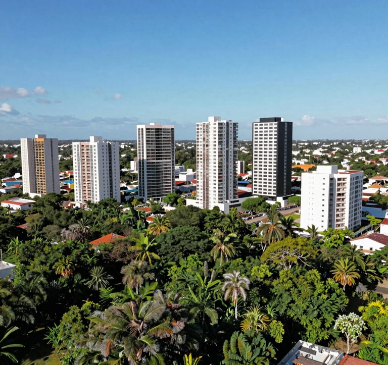 A cinematic drone shot of the Temozón Norte area in Mérida, showing rapid modern development mixed with vibrant Yucatán jungle. Bright sunny day, clear blue sky, emphasizing growth and location.