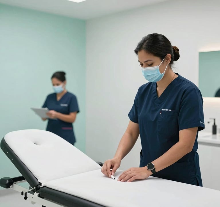 Photography of a professionally managed high-end medical suite in Mérida. The interior features soft sage aqua accents, pale mint white walls, and clean lines. A North American / Mexican (Yucatán) professional staff member is seen in the background, subtly blurred, emphasizing the turnkey service and hassle-free administration.