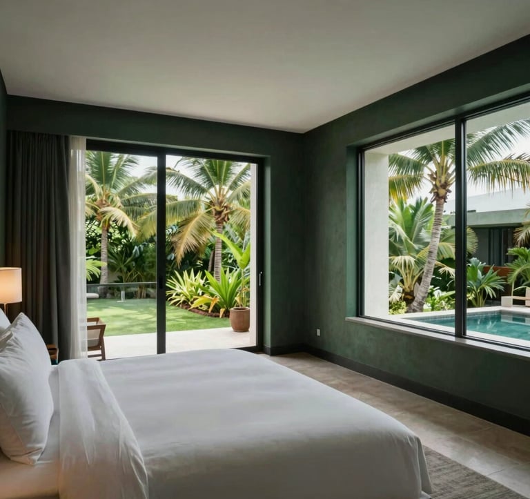 A wide shot of a luxury hotel suite interior at The MB Hotel in Yucatán. The style is modern and minimalist with dark slate green accents and large windows showing a tropical garden.