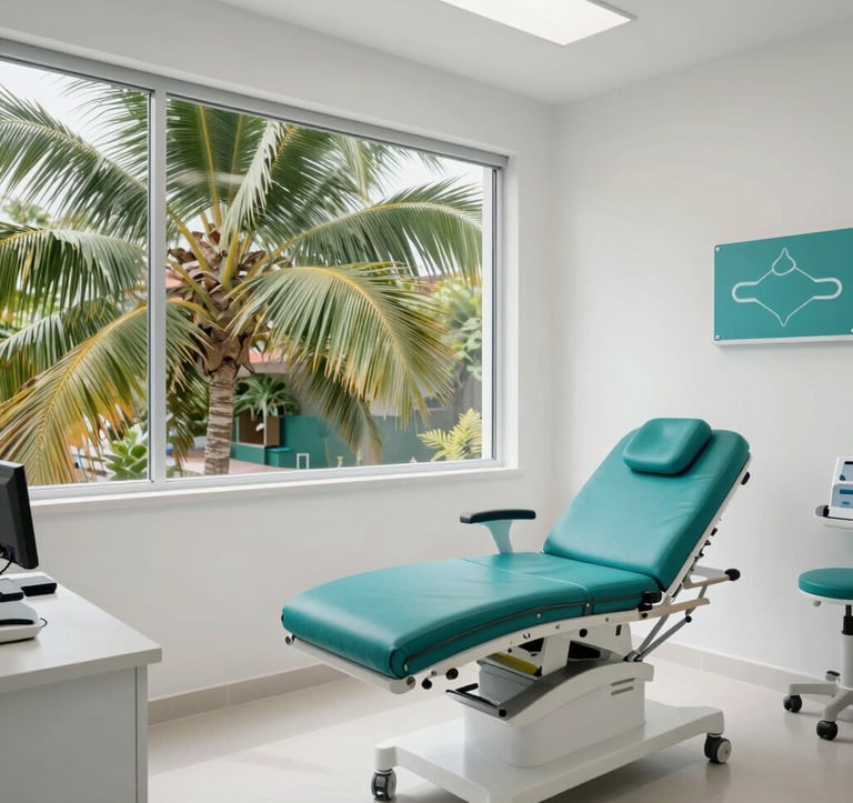 A bright, impeccably clean interior of a modern medical suite in Mérida. Large windows showing tropical palm leaves, minimalist furniture in mist white and tropical forest teal tones. North American / Mexican (Yucatán) setting.
