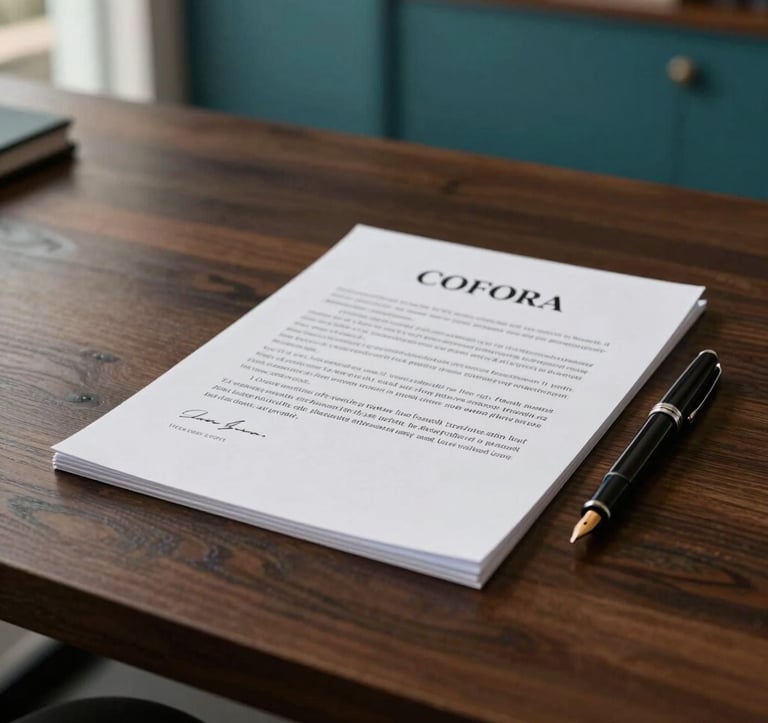 A close-up photograph of a signed legal contract on a minimalist dark wood desk in a professional North American / Mexican (Yucatán) office. A sleek fountain pen rests beside the document. The lighting is warm and elegant, highlighting the stability and security of the investment. Accents of medium teal in the office decor.
