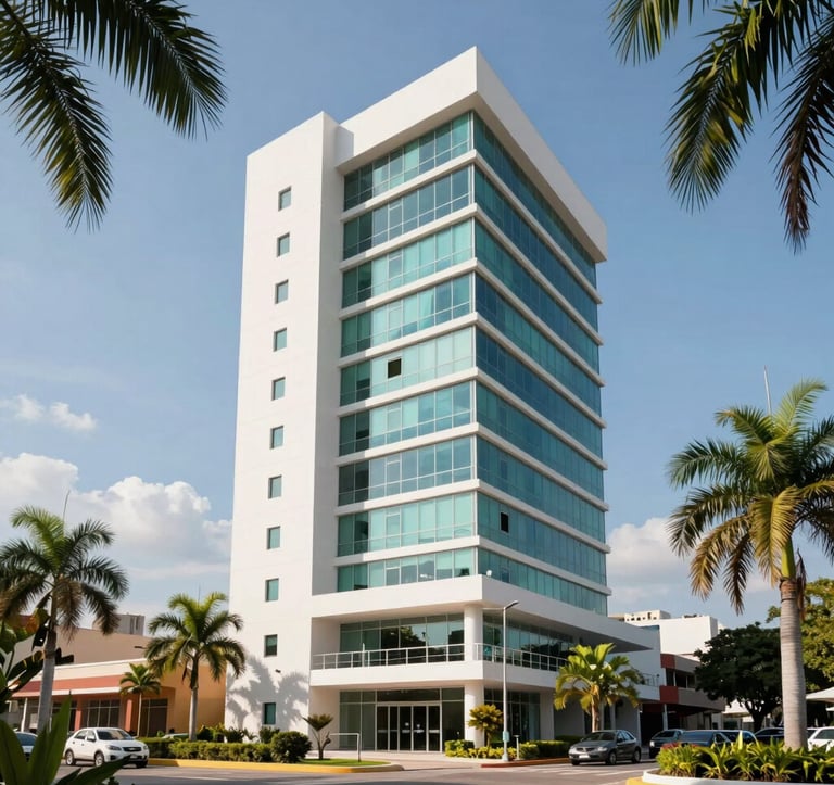 A vibrant architectural photograph of a modern medical tower exterior in the Temozón zone of Mérida, Yucatán. The building features clean lines, large windows, and is surrounded by lush tropical landscaping. Bright daylight emphasizes the premium quality of the North American / Mexican (Yucatán) development.
