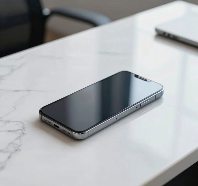 A professional photography shot of a high-end smartphone resting on a clean, white marble desk in a bright North American office. The phone's screen reflects soft light, suggesting a premium and high-quality digital experience.