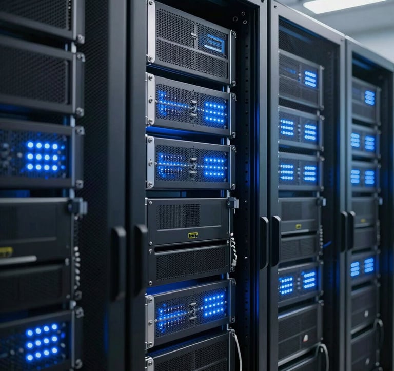 A detailed professional shot of a modern data center with glowing sky blue lights on server racks, emphasizing technical expertise, reliability, and cutting-edge backend engineering.