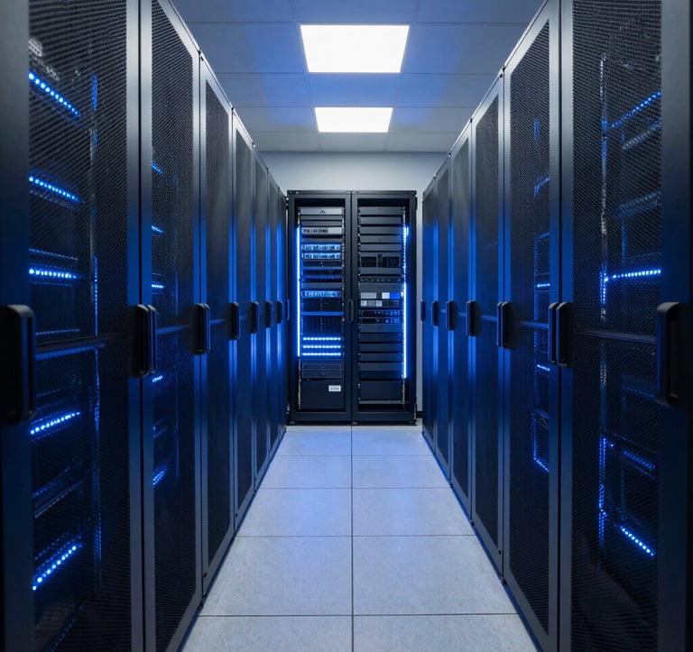 A clean, modern data center aisle in North America with dramatic bright blue LED lighting from server racks casting soft shadows on the floor. The environment communicates high-tech security and reliability.