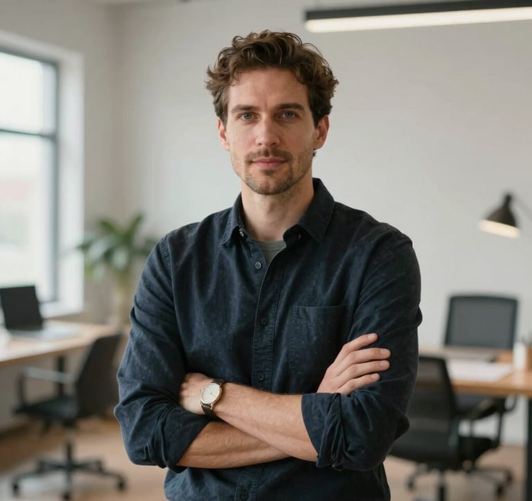 A sharp, professional portrait of a design specialist in a creative North American studio. They are looking confidently at the camera, wearing professional attire. The studio features soft, natural lighting and modern minimalist decor.
