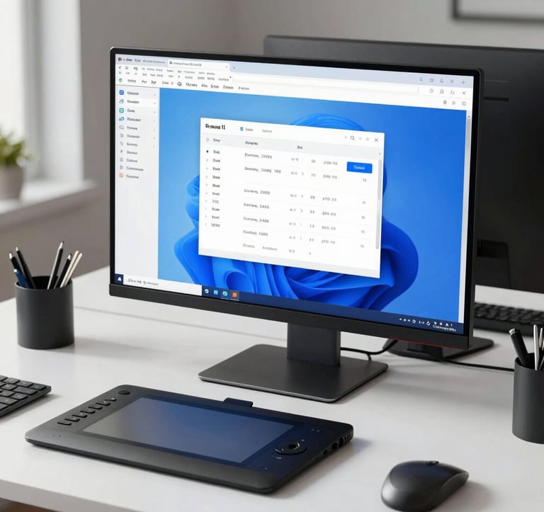 A professional designer's workstation in a sunlit North American office. A large monitor displays a clean, modern interface design in shades of bright blue and white. A digital drawing tablet and a minimalist mechanical keyboard sit on a white desk.