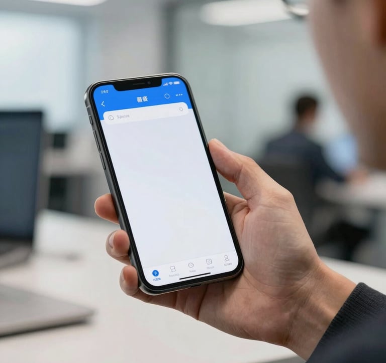 A medium close-up of a professional in a modern North American office setting using a sleek smartphone. The screen displays a professional business application with clean slate blue and white UI elements.