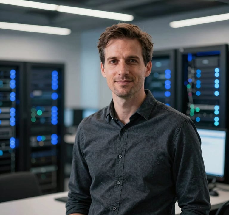 A professional portrait of a tech expert in a dark slate shirt, standing in a brightly lit, modern North American software firm. The background is slightly out of focus, showing server racks and glowing blue indicator lights, conveying expertise and technical precision.