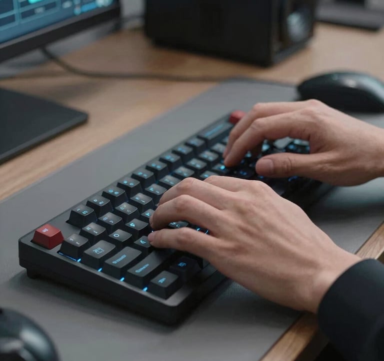 A close-up photograph of a professional developer's hands working on a mechanical keyboard with subtle blue backlighting in a modern tech hub workspace in the United States, emphasizing speed and technical precision.