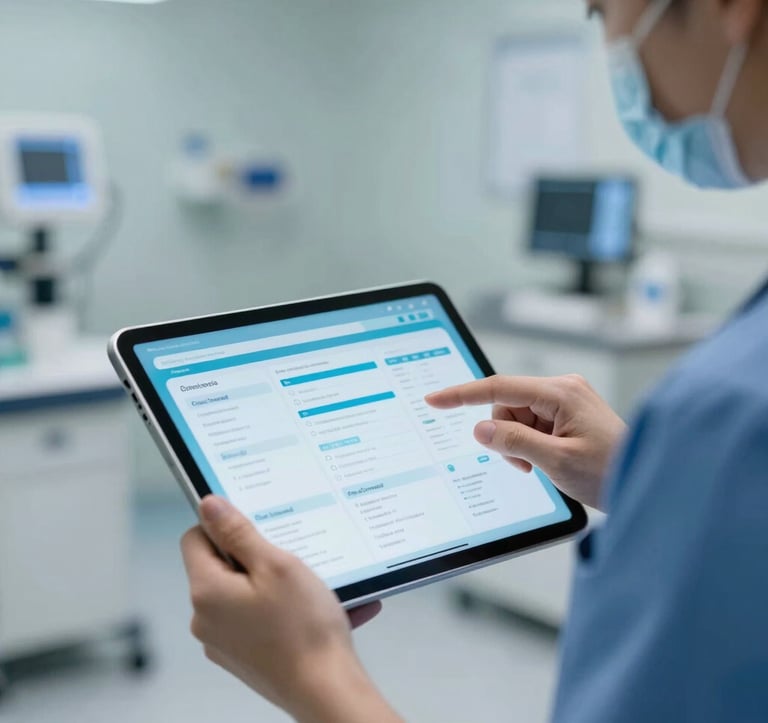 A medical professional in a modern North American clinic using a sleek tablet device, the screen showing a modern healthcare interface with pale blue and bright blue highlights, soft professional lighting.