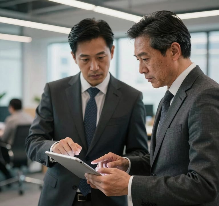 A photography shot of two professional consultants in business attire collaborating over a tablet in a well-lit, open-plan office in a major North American city, reflecting partnership and modern expertise.