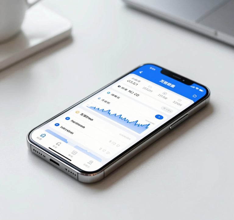A high-end smartphone lying on a soft white desk in a bright North American office setting, the screen displaying a sophisticated financial dashboard with bright blue accents and clean UI design.
