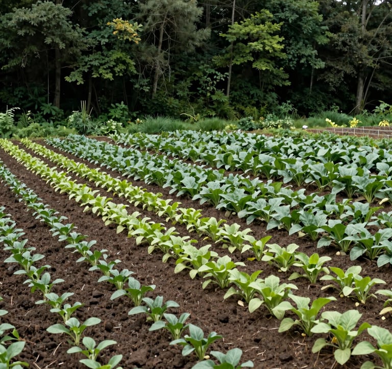 A wide-angle photography shot of a regenerative farm showcasing healthy soil and a variety of cover crops. The composition is balanced and natural, using deep forest green and light green tones. The setting is International / Global, portraying a successful transition to sustainable, resilient land management.