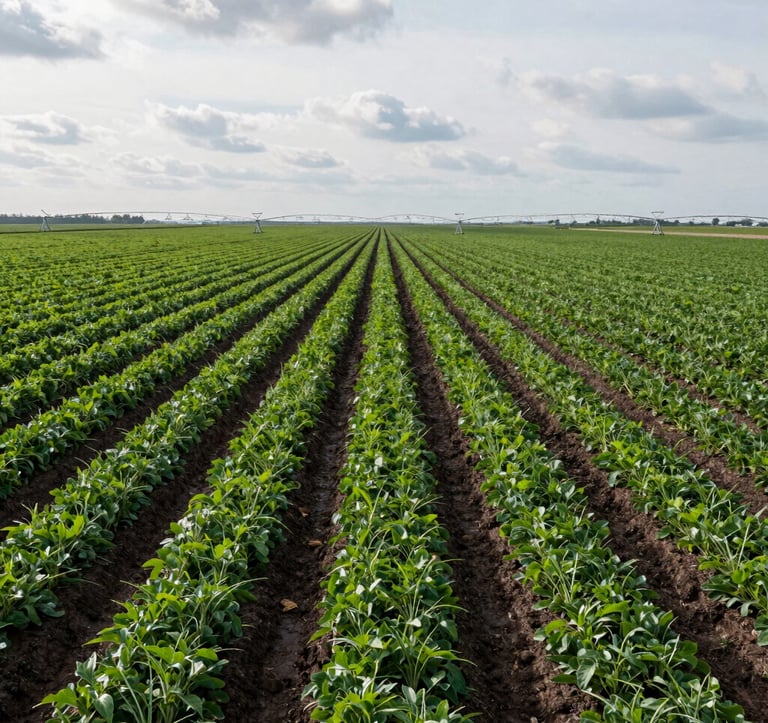 Breathtaking landscape photography of a vast, high-efficiency farm featuring precision-aligned rows of forest green crops and advanced irrigation systems. The soil is rich and dark, and the sky is a soft cloudy white. International / Global.