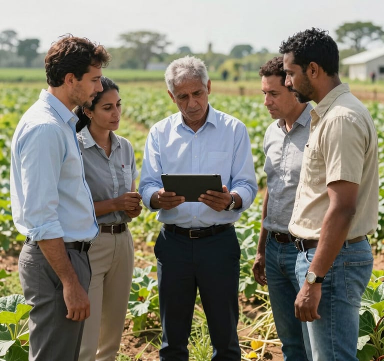 A professional photograph of a diverse group of agricultural researchers and farmers standing in a lush field, discussing data on a handheld tablet. The composition is collaborative and authoritative. Bright, natural midday light. The setting is an International / Global agricultural research station.