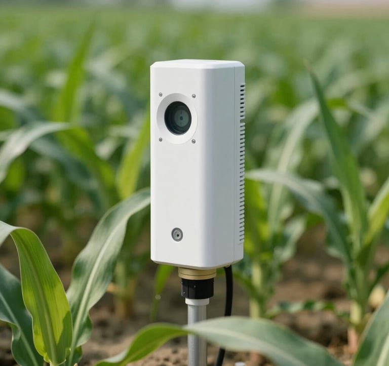 A close-up photograph of a modern smart irrigation sensor installed in a lush, healthy field of crops. The focus is sharp on the technological device, with a softly blurred background of deep green foliage. Bright, natural daylight, professional photography, representing innovation and precision in an International / Global agricultural setting.