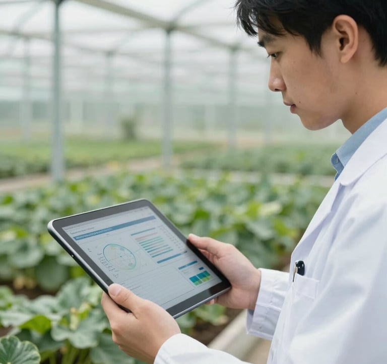A close-up shot of an agricultural researcher in professional attire holding a modern tablet showing data analytics in an International / Global research facility. High-tech greenhouse blurred in the background. Lighting is clean and professional.